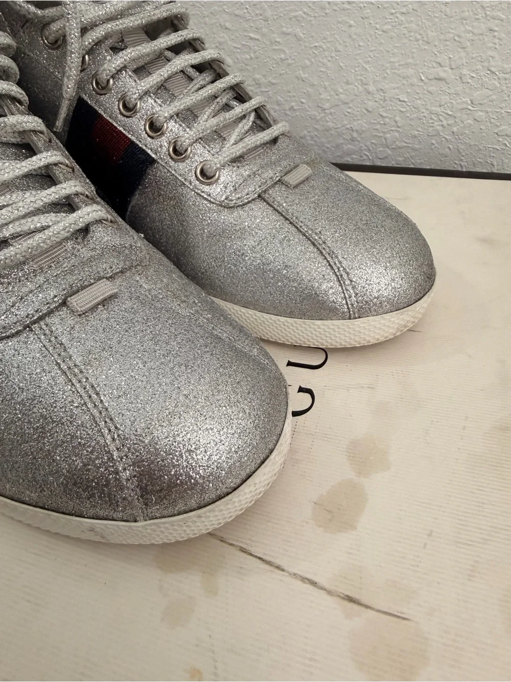 Gucci Silver High-Top unisex Sneakers with Red & Blue Stripe